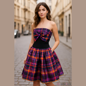 VTG Victor Costa Dress Womens 2 XS Velvet Plaid Strapless Bow Party Colorful 80s